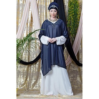 Party wear double layered Embellished abaya- Blue-White